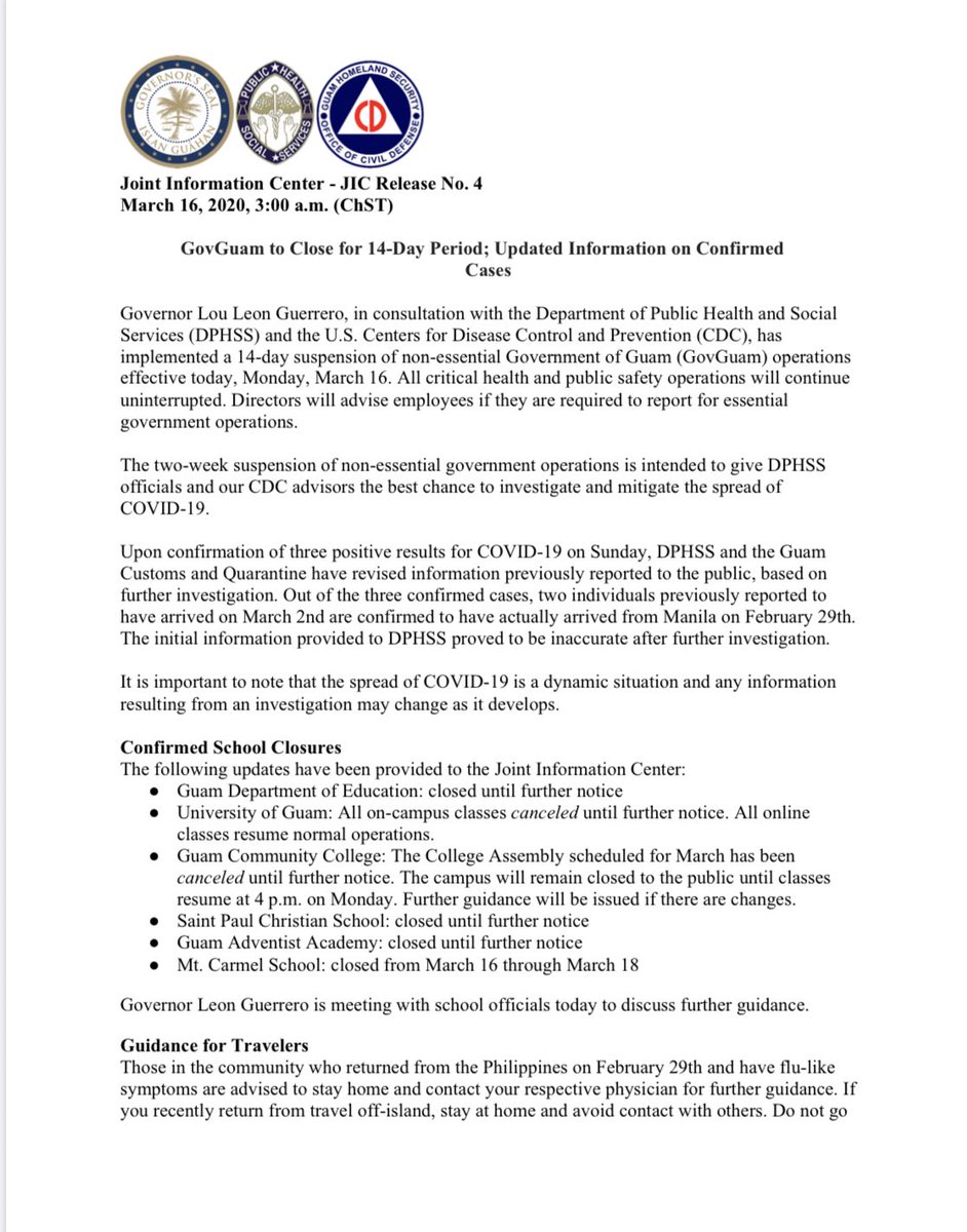 jfernand19's tweet photo. Per the Governor’s directive this morning, we are now in a 14-day gov’t shutdown. All @GuamDOE schools are closed during this period and all school activities, including @GDOEISA, are canceled. Please stay tuned for more info as we take steps to protect the community. https://t.co/Mt3eb114aU
