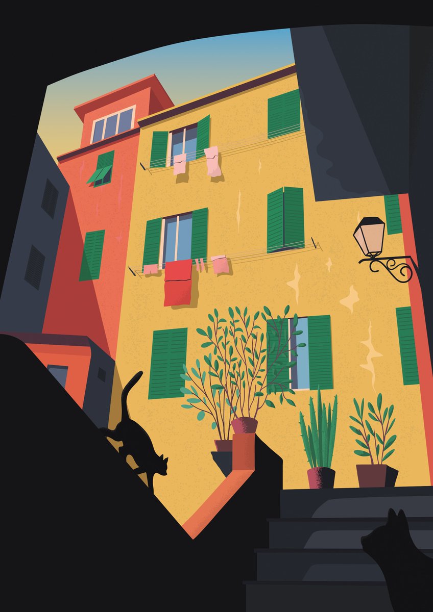 bighippoart's tweet photo. Sitting at home like most of us, unsure what the next day will bring. Let this cheerful illustration based in Vernazza, a small Italian village, brighten you up in those difficult times. #SundayThoughts #CatsOfTwitter https://t.co/3j6Sp2Ry0X