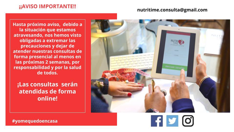 Nutritime7's tweet photo. Con la responsabilidad de cumplir con las precauciones ante la situación en la que nos encontramos.LE DAMOS LA POSIBILIDAD A NUESTROS PACIENTES A CAMBIAR SU CITA PARA QUE PUEDAN SER ATENDIDOS DE FORMA ONLINE! 
#yomequedoencasa #nutritime #coronavirus #alimentacionsana https://t.co/nz2kqsWAgb