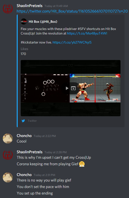 ShaolinPretzels's tweet photo. Let it be known that when I eventually get my .@Hit_Box Cross|Up, I'm picking up Zangief in ST.
A certain somebody (.@AfroChancho) doesn't think I can play grapplers and I gotta put the kids in their place.😤
Expect a stream. Expect perseverance. And expect me to #EmbraceSalt! https://t.co/jmAf1VB83D