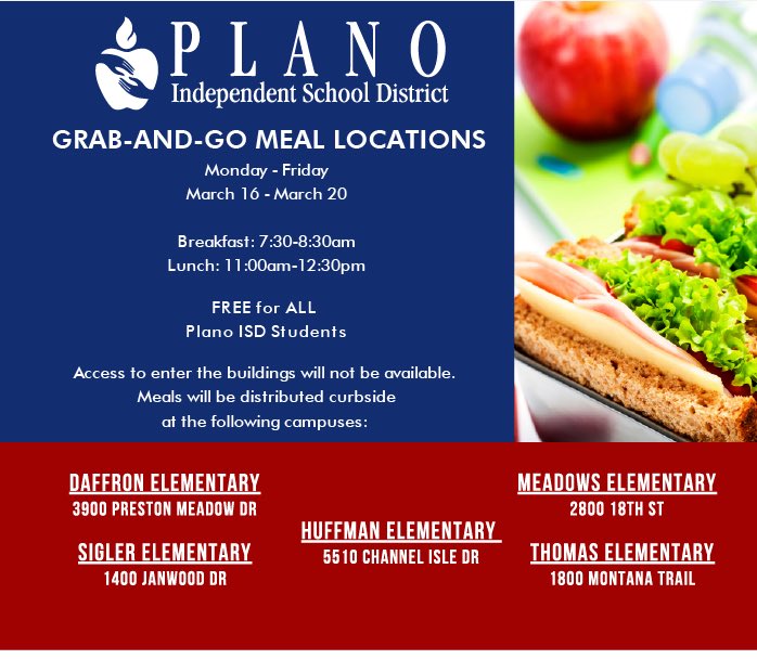 We are providing free grab-and-go breakfast &amp; lunch for all students across the district during the closure, March 16-20. 

Breakfast 7:30-8:30am
Lunch 11am-12:30pm
Daffron, Huffman, Meadows, Sigler, Thomas.

More at: pisd.edu/Page/22423