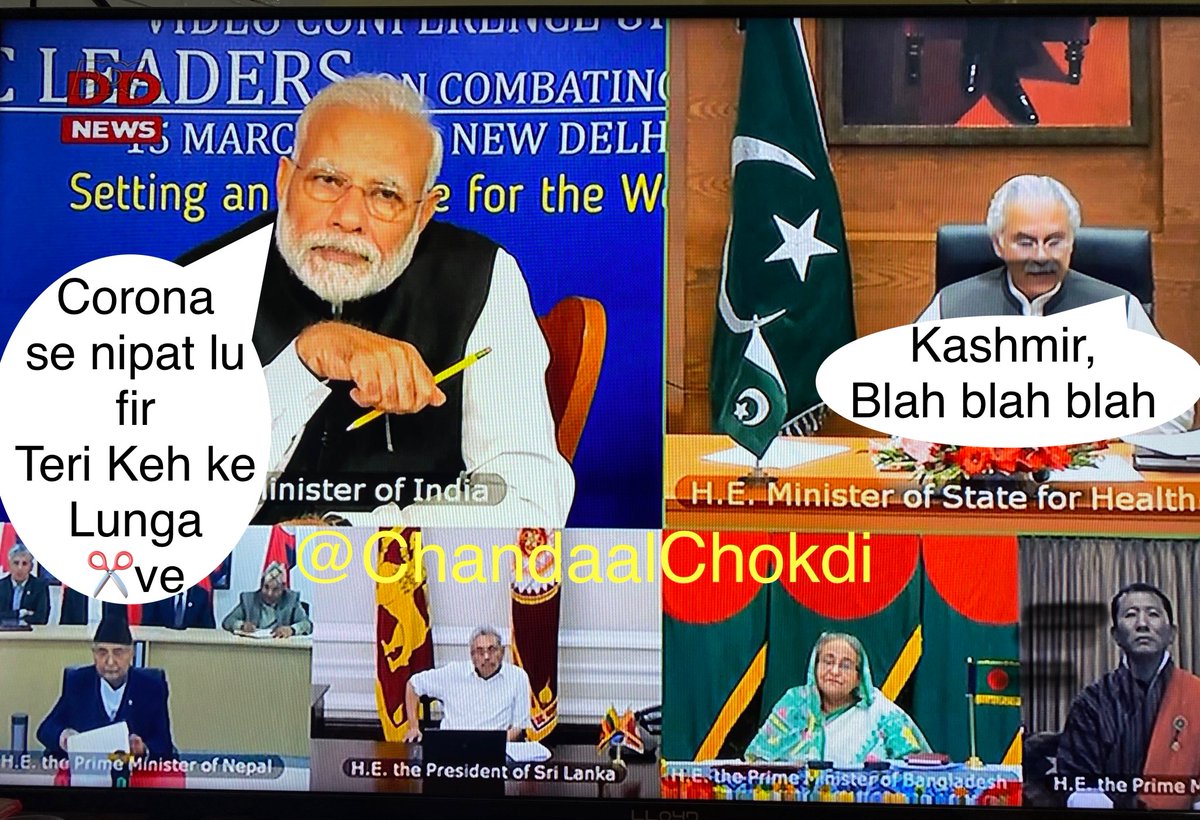 ChandaalChokdi's tweet photo. PM @narendramodi's reaction to imbecile Na-Pakistan Minister of State for Health Zafar Mirza doing cheap theatrics Invoking Kashmir issue in the middle of a Pandemic.
#SAARCfightsCorona
#CoronaVirusUpdates 
#IndiaFightsCoronavirus https://t.co/SSCrBgaQ7h