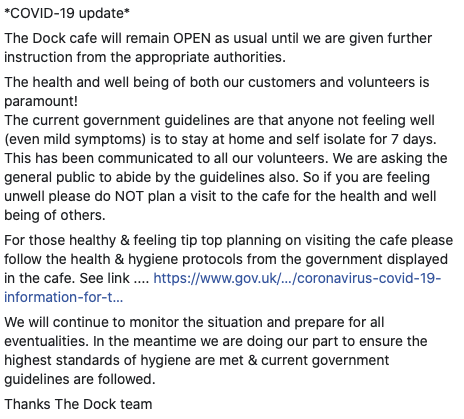 *COVID-19 update*

The Dock cafe will remain OPEN as usual until we are given further instruction from the appropriate authorities.

Current information here:
gov.uk/guidance/coron…

Thanks The Dock team