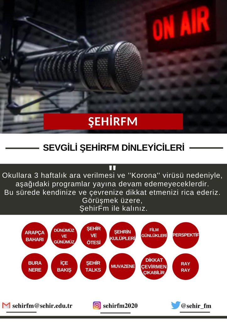 Sektörde konuklarımla, pazartesi günleri yapmayı sürdürdüğüm “Dikkat Çevirmen Çıkabilir!” isimli radyo programıma hiçbir konuğumu zor durumda bırakmak istemediğimden ara veriyorum. Bu süreci atlatmak ve tekrar ŞehirFm’de olmak dileğiyle...