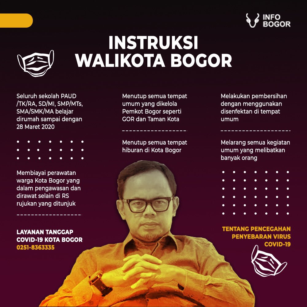 infobogor's tweet photo. Pertanggal 15 Maret 2020 @pemkotbogor sudah mengeluarkan Surat Edaran Walikota terkait Pencegahan Penyebaran Corona Virus Disease (COVID-19) di Kota Bogor. https://t.co/aNqhHMa38L