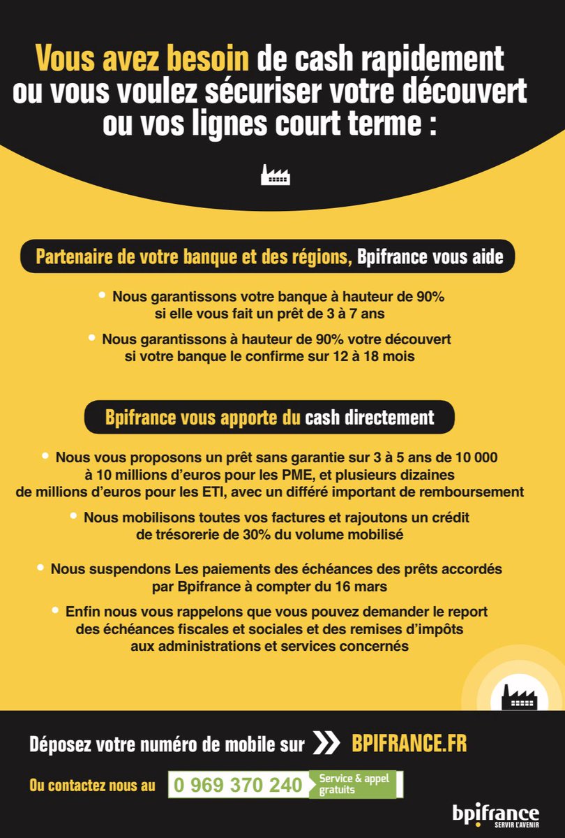 ⚠️Plan de soutien d'urgence aux entreprises <a href="/Bpifrance/">Bpifrance</a> se mobilise pour vous.Partenaire de votre banque et des régions,Bpifrance vous aide. Besoin de cash rapidement,déposez votre numéro de mobile sur bpifrance.fr ou composez le 0969370240. Mesures urgentes à lire ⬇️⬇️