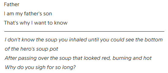 4.2 해장국↬ soup symbolizing the burden their fathers carry└ written about fathers, how they eat the same soup everyday and how SKZ don't understand why they like it└ later SKZ starting to realize that their fathers have their own worries and anxieties