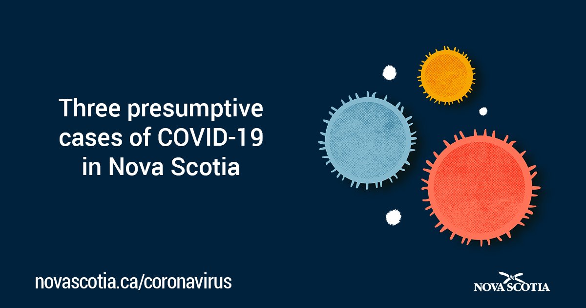 Nova Scotia has three presumptive cases of novel coronavirus (#COVID19) all related to travel. The individuals have been notified and are in self-isolation. At 3 p.m., Premier McNeil, Dr. Strang and Min. Delorey will update the public via Facebook Live and live stream.