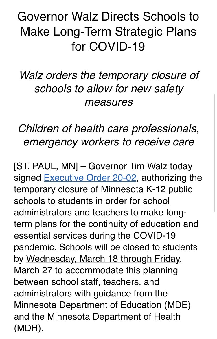 ChrisHrapsky's tweet photo. We have #BreakingNews 

Gov. Walz orders all schools in MN to close from March 18 to March 27. 

Press release 👇

@kare11 has live press conference in 7 minutes. https://t.co/2HeubwU2jG