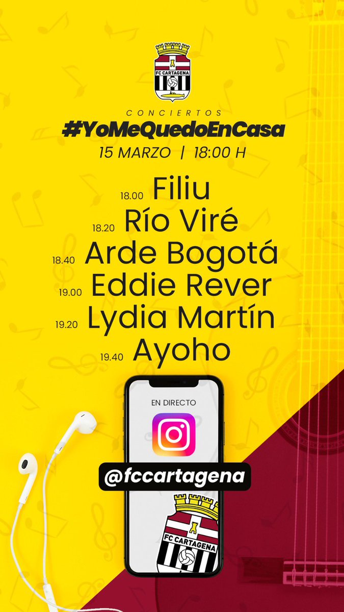 🎧🎤🎸 Hoy no tenemos fútbol pero tenemos música con mucho acento cartagenero en directo‼️

🤩Vente a las 18.00 horas a nuestro #instagram y disfruta con las actuaciones de <a href="/CaseFiliu/">filiu y cia</a> <a href="/rio_vire/">Río Viré</a> <a href="/arde_bogota/">ARDE BOGOTÁ</a> <a href="/BandRever/">Eddie Rever Band Oficial</a> <a href="/lydiamartinsing/">Lydia Martín</a> y @ayohomusic 

🏠 #YoMeQuedoEnCasa