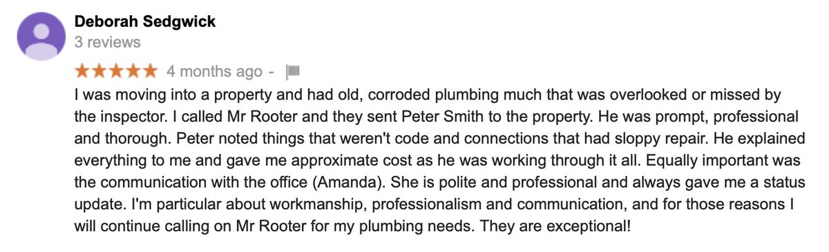 MrRooterSATX's tweet photo. "I will continue calling on Mr Rooter for my plumbing needs. They are exceptional!"

Deborah S. Via Google https://t.co/AT7ZPJY6jA