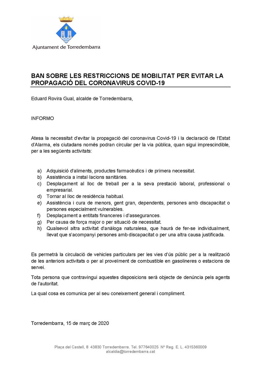 📢  L'alcalde <a href="/eduardrovira/">Eduard Rovira Gual</a> ha emès un Ban informatiu sobre restriccions de mobilitat per evitar la propagació del #Coronavirus #COVID19 #Torredembarra #JoEmQuedoACasa