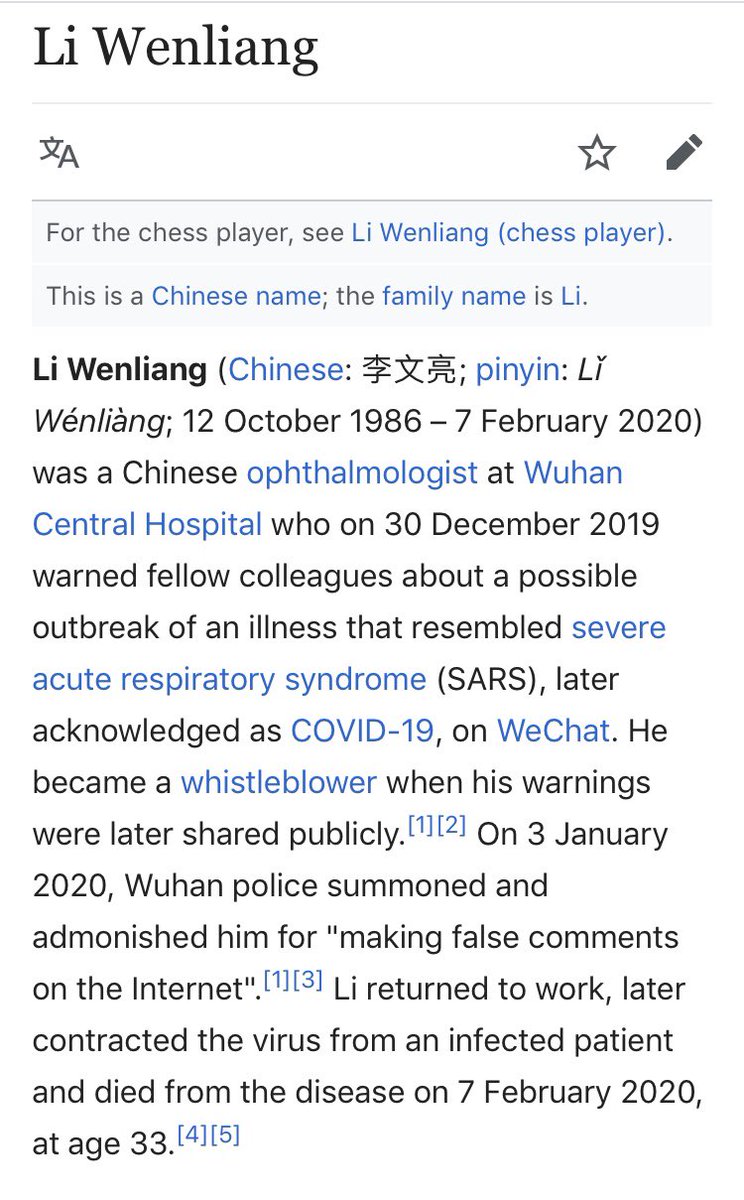 Li Wenliang  Whistleblower in 2019–20 coronavirus outbreak  https://en.m.wikipedia.org/wiki/Li_Wenliang