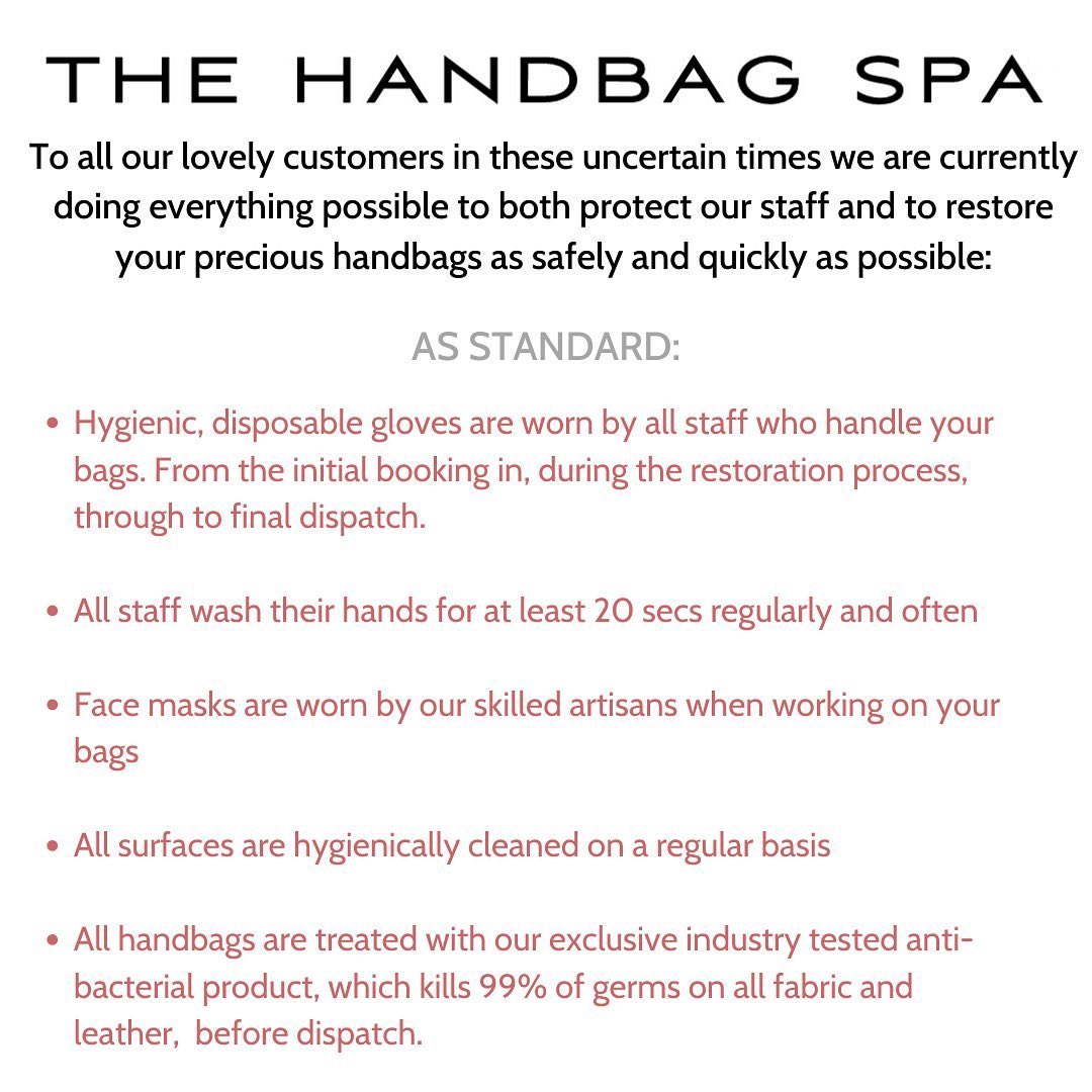 TheHandbagSpa's tweet photo. THBS are taking every precaution to ensure the safety of our staff and your beloved items during these difficult times. Thank you for your ongoing support x https://t.co/uefgUBxIma