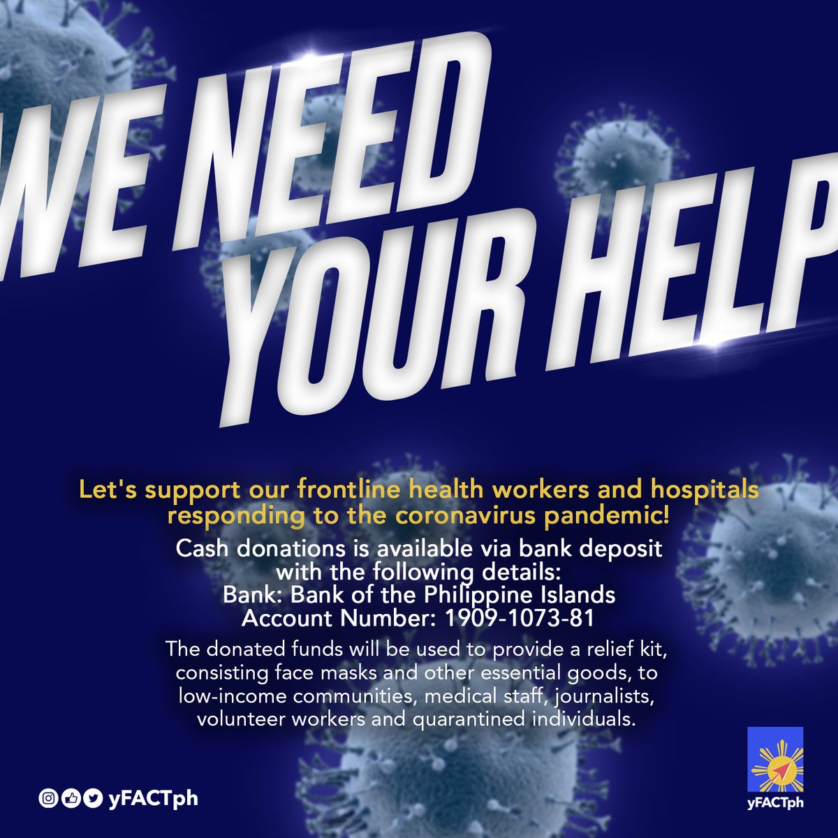 One small act of kindness can go a long way!

With the rising number of coronavirus cases, let’s help those at the frontlines who are our modern-day heroes during these trying times. 

Those willing to help may contact 0949-301-4281 for more information. #COVID19 #DonatePH