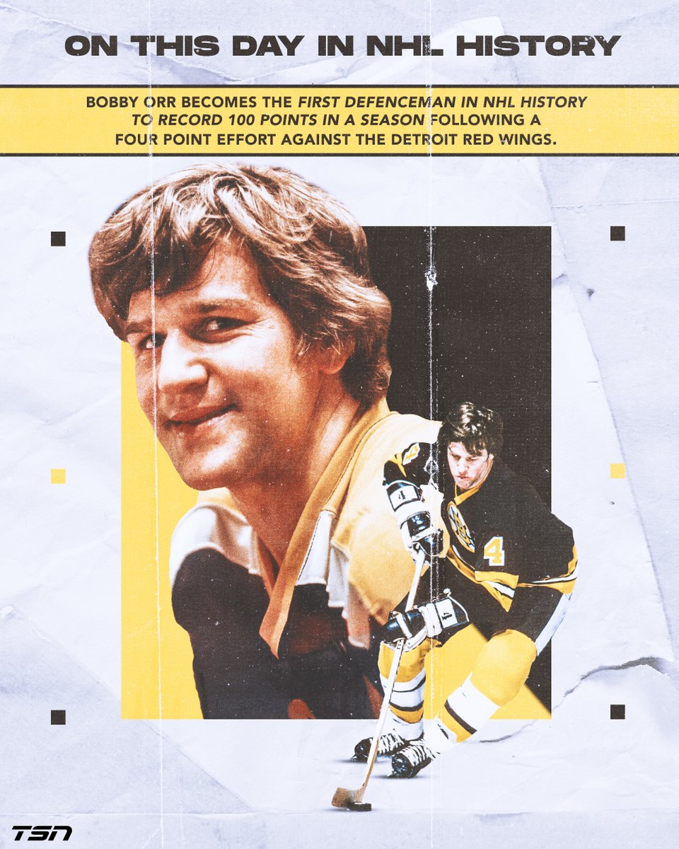 On this day in NHL history, Bobby Orr became the first defenceman ever to reach 100 points in a season 👀