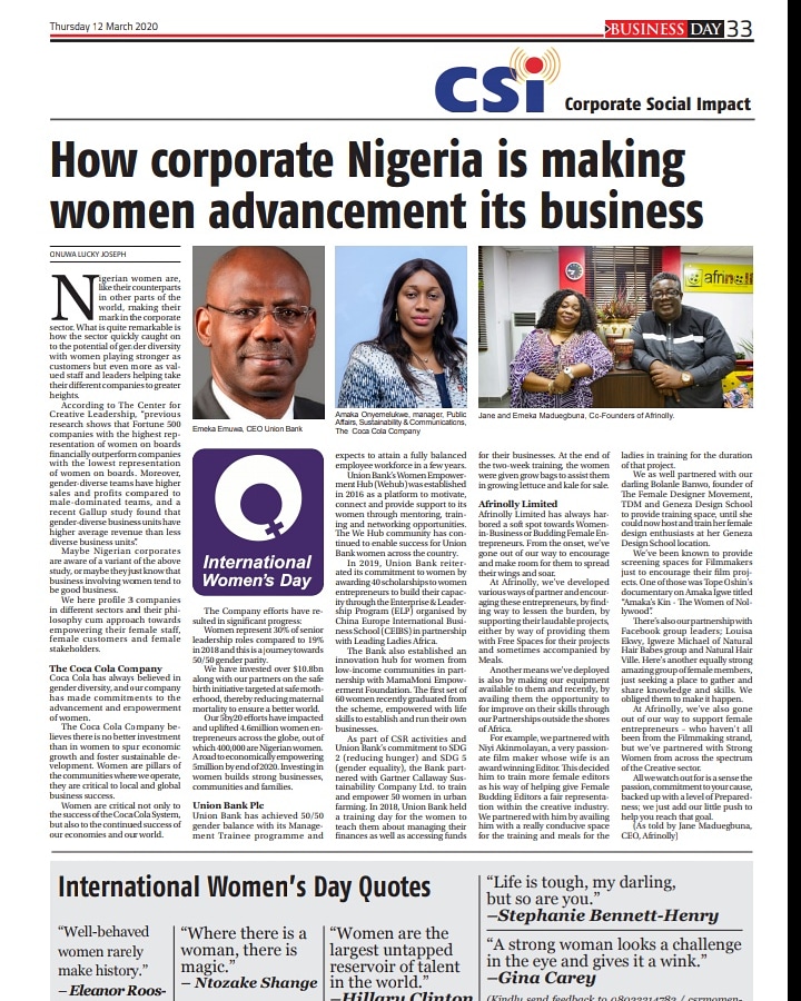 Just in case you missed it, Afrinolly was featured in BusinessDay's International Women's Day publication tagged "How Corporate Nigeria is making Women Advancement its Business". 

Image Caption: Our Co-Founders, Chike and Jane Maduegbuna at the Afrinolly Creative Hub in Lagos.