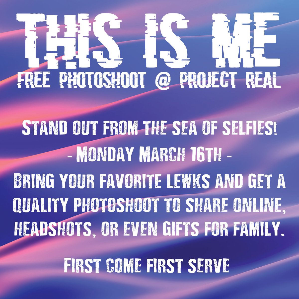ProjectRealAP's tweet photo. Monday 3/16/20 come join in this free photo shoot @ Project REAL! https://t.co/w7MHpvd1jX