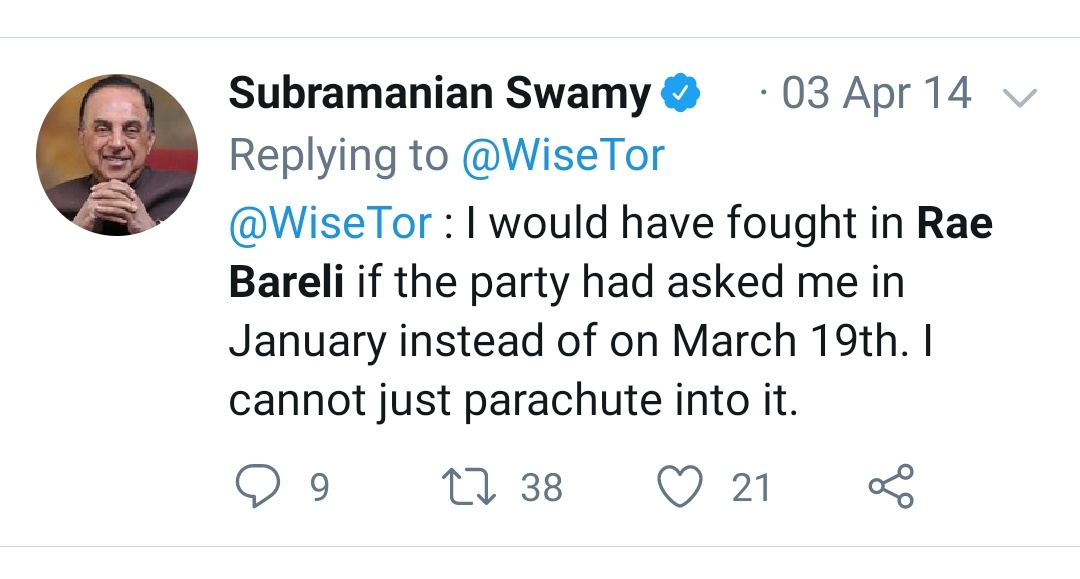 It seems on 19th March 2014, BJP did offer Swamy a ticket from Rae Bareli. But Swamy denied the ticket saying it was too late, but you were aware from 2013, weren't uNow around same time party offered a ticket to Smriti Irani in Amethi & rest is historySwamy was scared