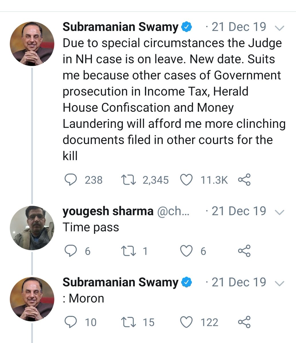In Dec 2019, Swamy has happy that hearing in National Herald case has been postponed which will give him more time to prepare for the caseBut didn't u claim in 2014, that's an open & shut caseOne person rightly said, you are doing Time Pass, immediately Swamy started abuses