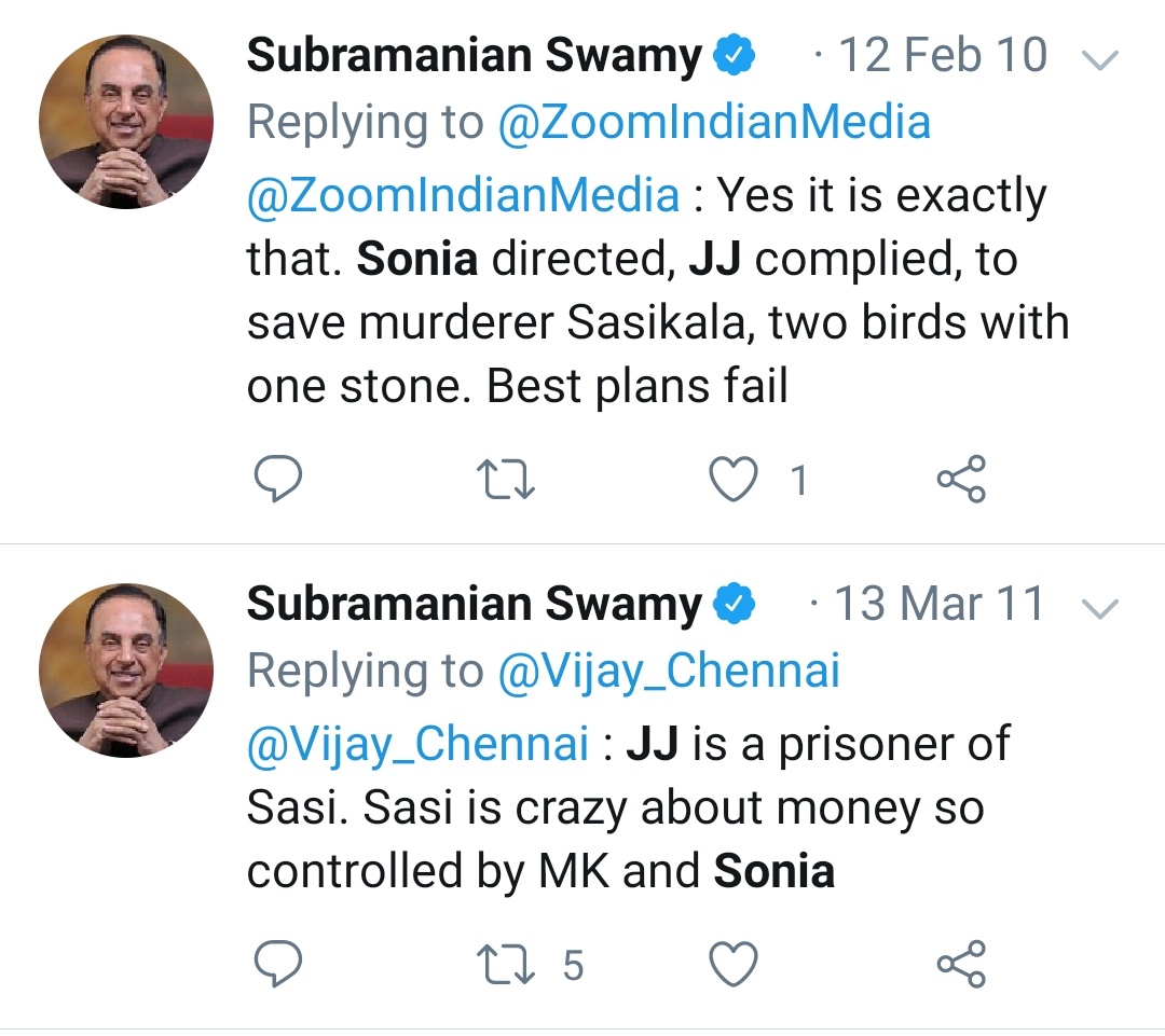 In 2010, Swamy claimed that Sasikala was a murderer who was controlling Jayalalitha and Sasikala was working at the behest of Sonia Sasikala is crazy about money So basically he is saying Sasikala is a Sonia's agent in AIADMK.