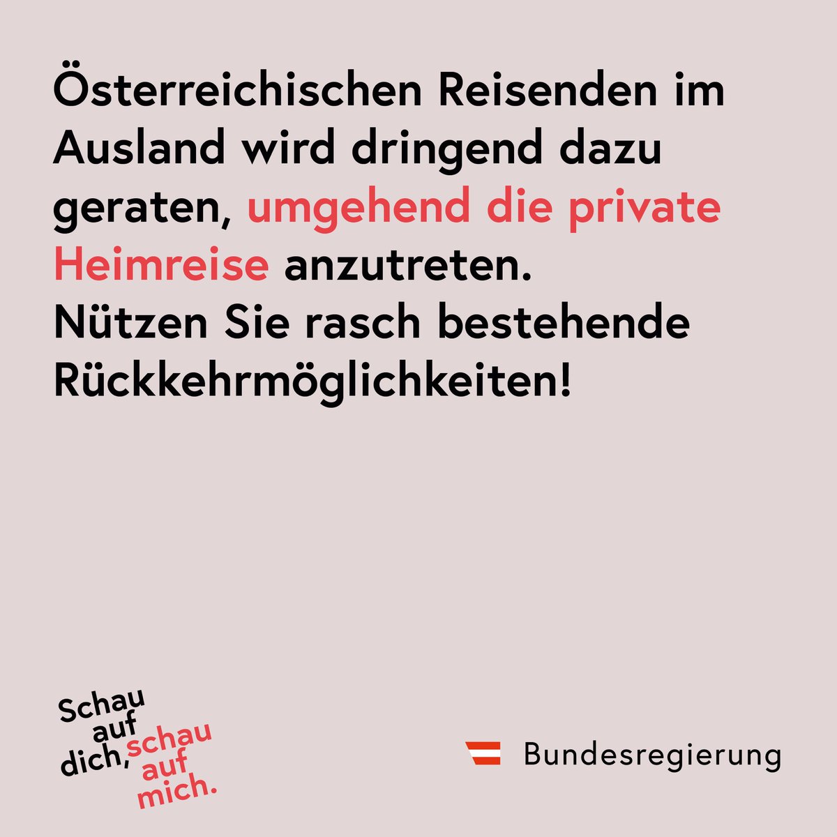 MFA_Austria's tweet photo. Österreichischen Reisenden wird dringend geraten, die ehest mögliche Heimreise anzutreten! Nützen Sie rasch die noch bestehenden Rückkehrmöglichkeiten, bevor es zu weiteren Einschränkungen im Reiseverkehr kommt! Alle Infos ➡️ https://t.co/0jPZ7gILWX https://t.co/9cQbhFcOj8