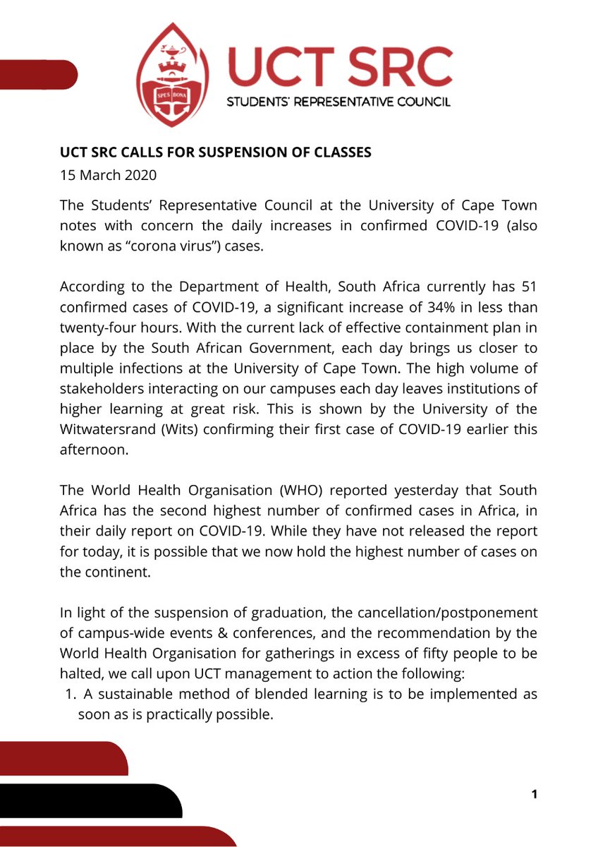 UCT_SRC's tweet photo. UCT SRC CALLS FOR SUSPENSION OF CLASSES❗❗❗

#CoronaVirusSA https://t.co/4jDDQQqGjJ