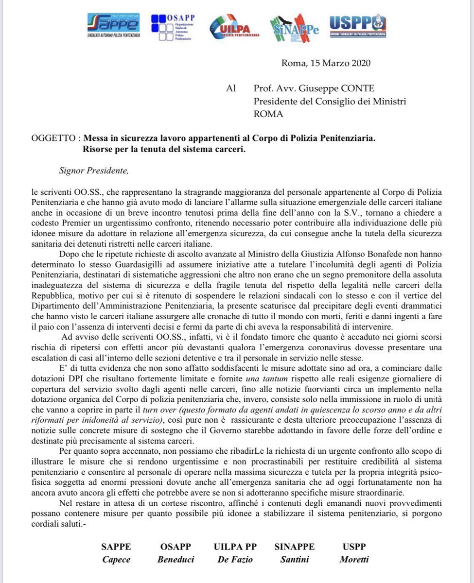 FerriCosimo's tweet photo. I sindacati hanno ragione!   
Rispetto e tutela per le donne e gli uomini della #PoliziaPenitenziaria e per la salute di tutti. https://t.co/54aM2qoC6D