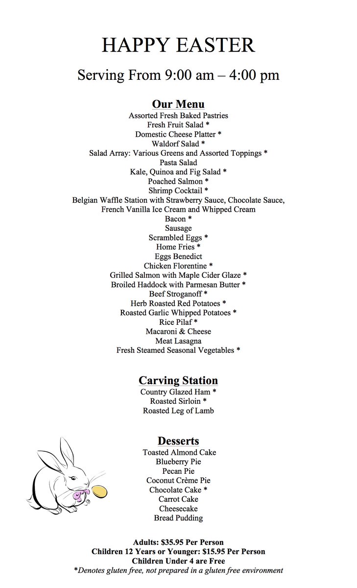 Make your reservations for our Easter Brunch today! We will book up quickly, so make sure to call soon to secure your preferred time. For reservations, call 207-843-5123
 
 Adults: $35.95 Per Person
 Children 12 Years or Younger: $15.95 Per Person
 Children Under 4 are Free