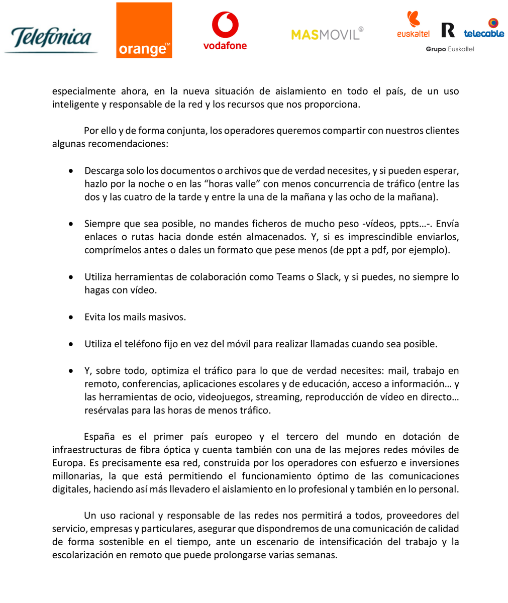 vodafone_es's tweet photo. ⚠️ Cuidemos la red entre todos ⚠️

Los operadores recomendamos un uso racional y responsable de las redes de comunicaciones durante la crisis del #coronavirus Covid-19 https://t.co/2NHjtdDaS8
