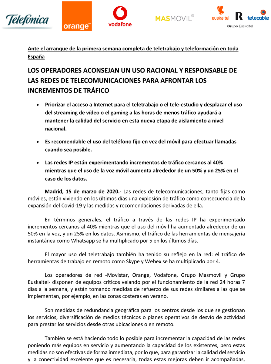 vodafone_es's tweet photo. ⚠️ Cuidemos la red entre todos ⚠️

Los operadores recomendamos un uso racional y responsable de las redes de comunicaciones durante la crisis del #coronavirus Covid-19 https://t.co/2NHjtdDaS8