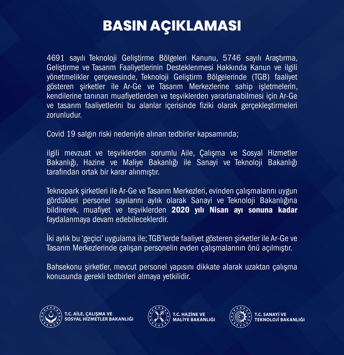 Mustafa Varank (@varank) on Twitter photo Covid 19 salgın riski nedeniyle uygulanan tedbirler çerçevesinde Bakanlarımız <a href="/ZehraZumrutS/">Zehra Zümrüt Selçuk</a> ve <a href="/BeratAlbayrak/">Berat Albayrak</a> ile ortak bir karar aldık. 
Teknoparklar ile Ar-Ge ve Tasarım Merkezi personellerinin Nisan ayı sonuna kadar evden çalışabilmesinin önü açıldı. Covid 19 salgın riski nedeniyle uygulanan tedbirler çerçevesinde Bakanlarımız <a href="/ZehraZumrutS/">Zehra Zümrüt Selçuk</a> ve <a href="/BeratAlbayrak/">Berat Albayrak</a> ile ortak bir karar aldık. 
Teknoparklar ile Ar-Ge ve Tasarım Merkezi personellerinin Nisan ayı sonuna kadar evden çalışabilmesinin önü açıldı.