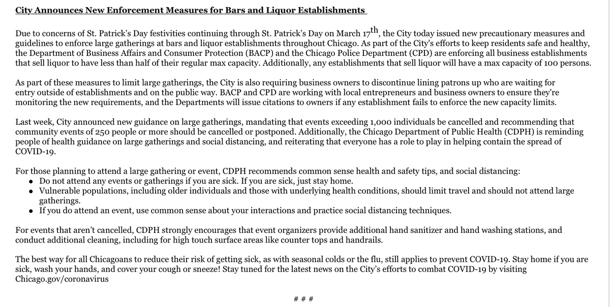 mayorlightfoot's tweet photo. EFFECTIVE IMMEDIATELY: Due to concerns around St. Patrick’s Day festivities, the City is enforcing all businesses that sell liquor to have less than half of their regular max capacity. Additionally, any establishments that sell liquor will have a max capacity of 100 people. https://t.co/1KVThcAjQT