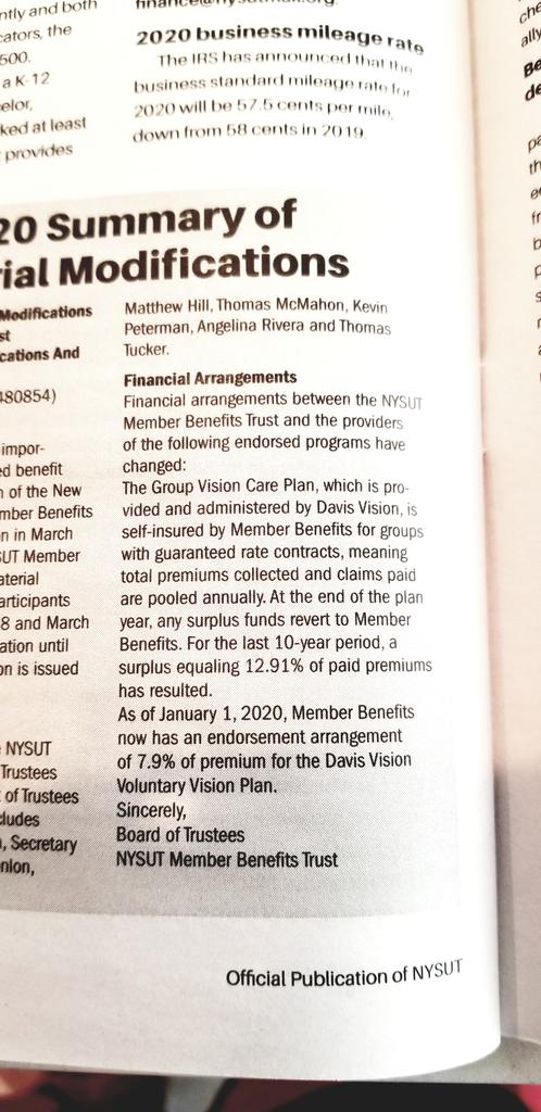 Great news for teachers who have Davis Vision: 7.9% of your premium goes to NYSUT Member Benefits as an endorsement benefit, down from 12.91% last year. Your union is working for you? Makes you wonder how much $$$ the #403(b) endorsement arrangement brings into NYSUT.