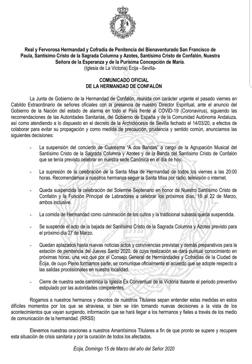 Comunicado Oficial de Nuestra Hermandad ante el Estado de Alarma por el #COVID2019