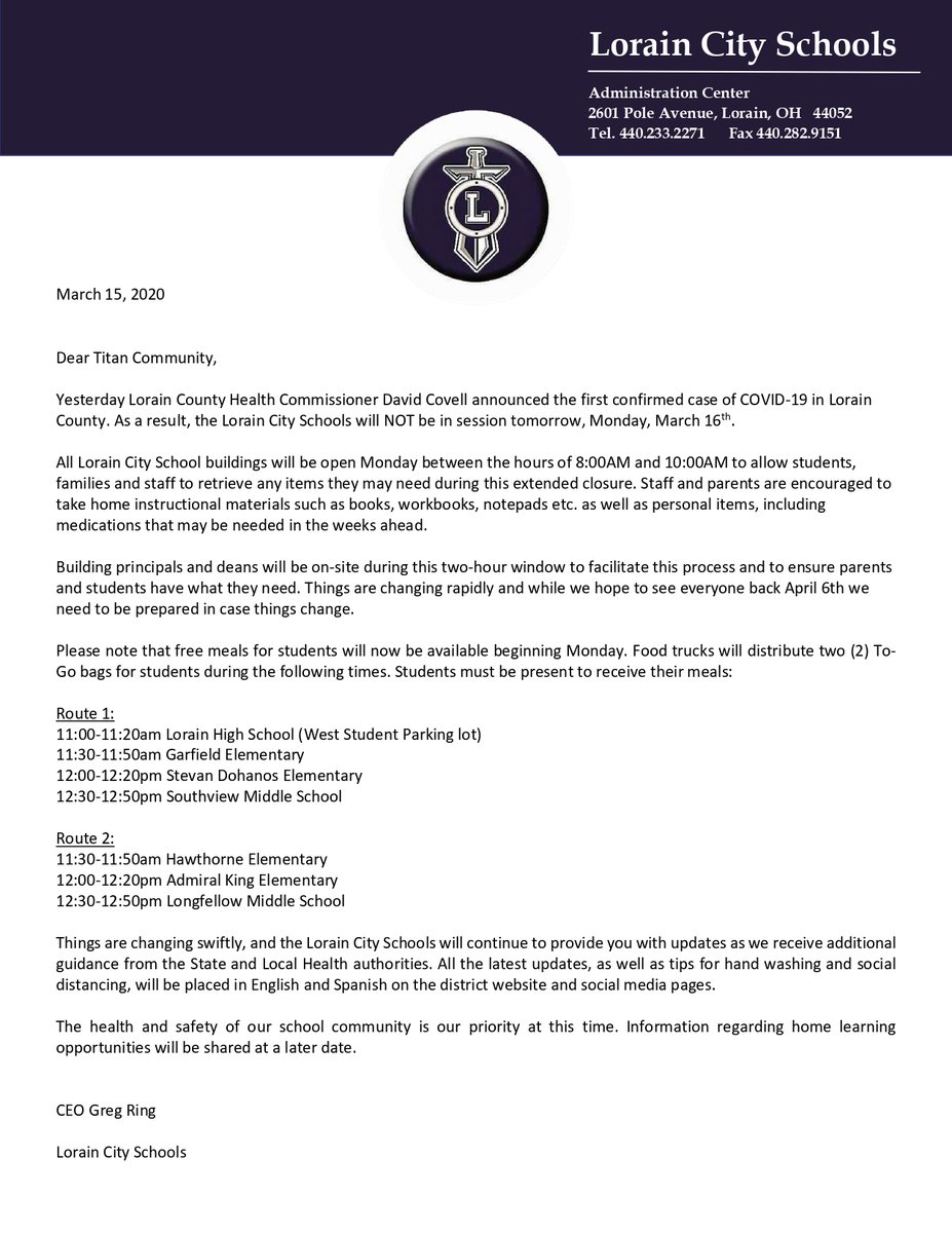 loraincsd's tweet photo. Titan Community,

Lorain City Schools will NOT be in session tomorrow, Monday, March 16th. Pleas read the entire release.
For a downloadable and printable version visit here: https://t.co/uMjdVCraOQ https://t.co/PfEm7fB0K2