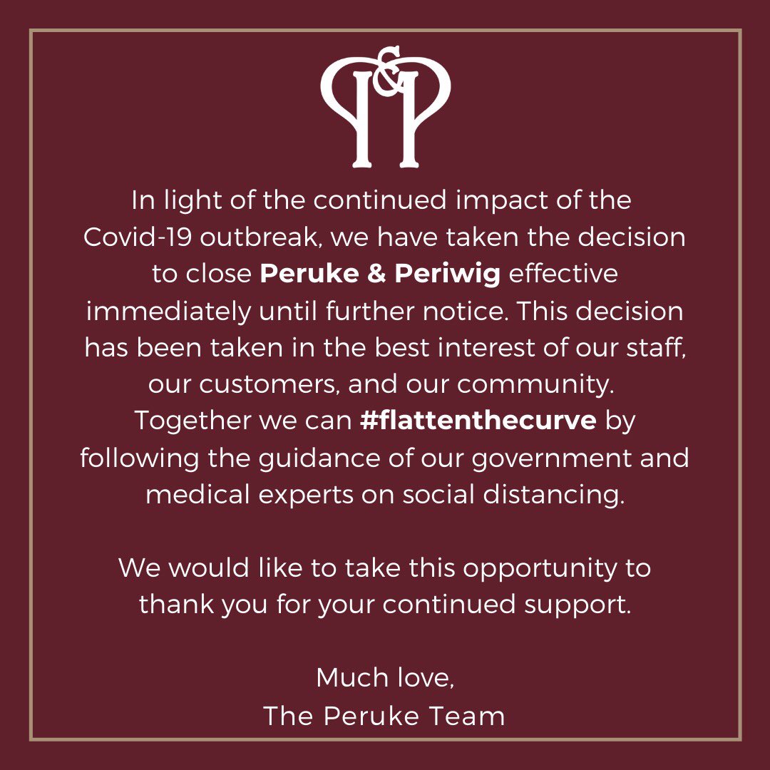 perukeperiwig's tweet photo. A message to all our customers. #FlattenTheCurve #Peruke https://t.co/DeSvuu22lr