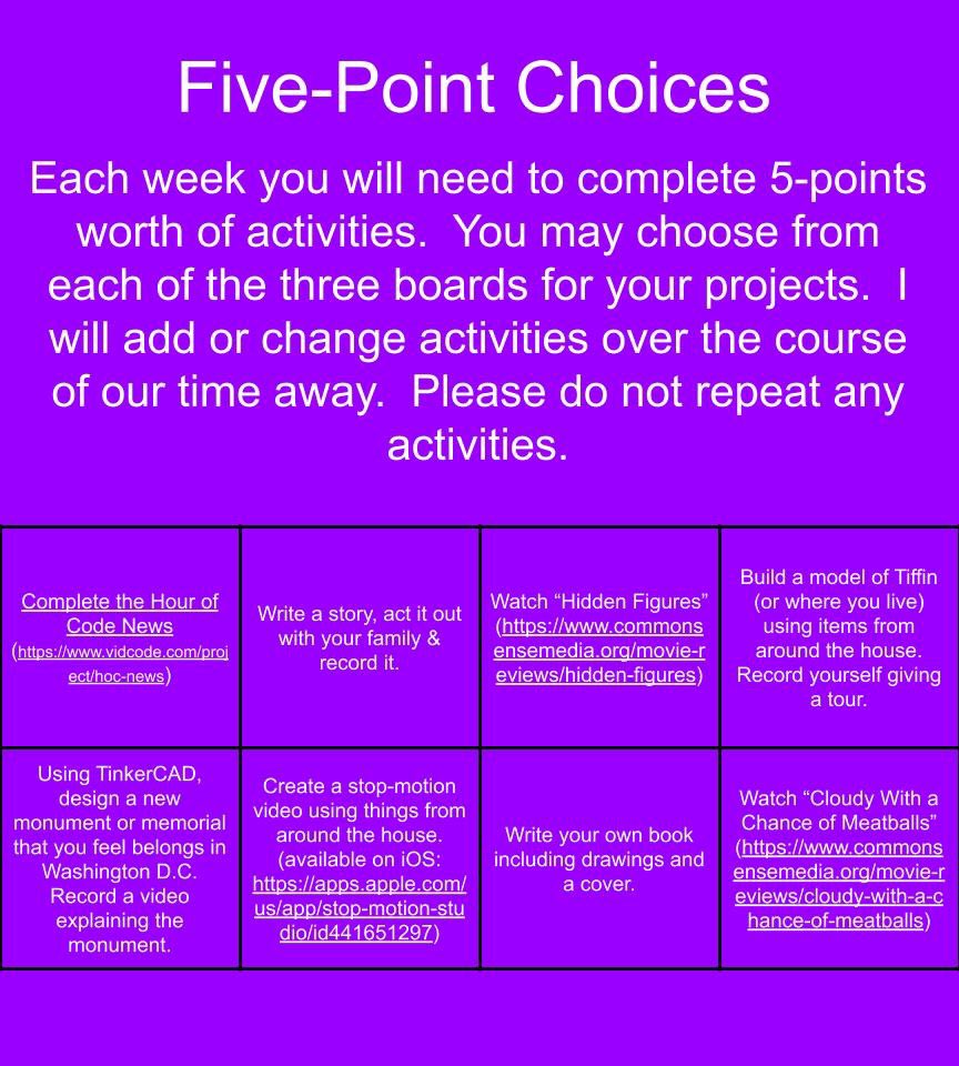 Thank you <a href="/dailystem/">dailySTEM Chris Woods</a> for the activities ideas! My choice boards are ready for students to get rolling at home. #STEM #STEAM #CoronaCantStopLearning