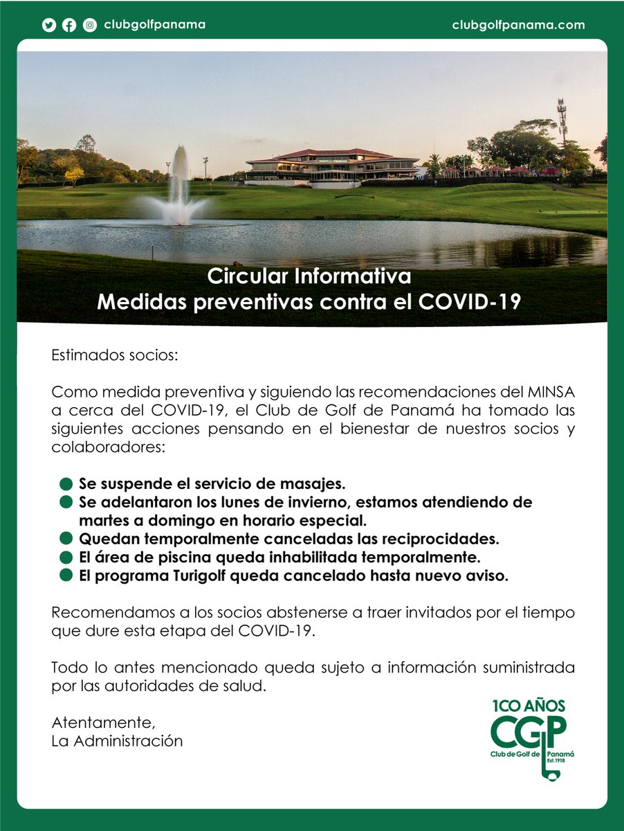 ClubGolfPanama's tweet image. Estimados socios, les recordamos las medidas que estamos tomando en el @ClubGolfPanama para prevenir el COVID-19