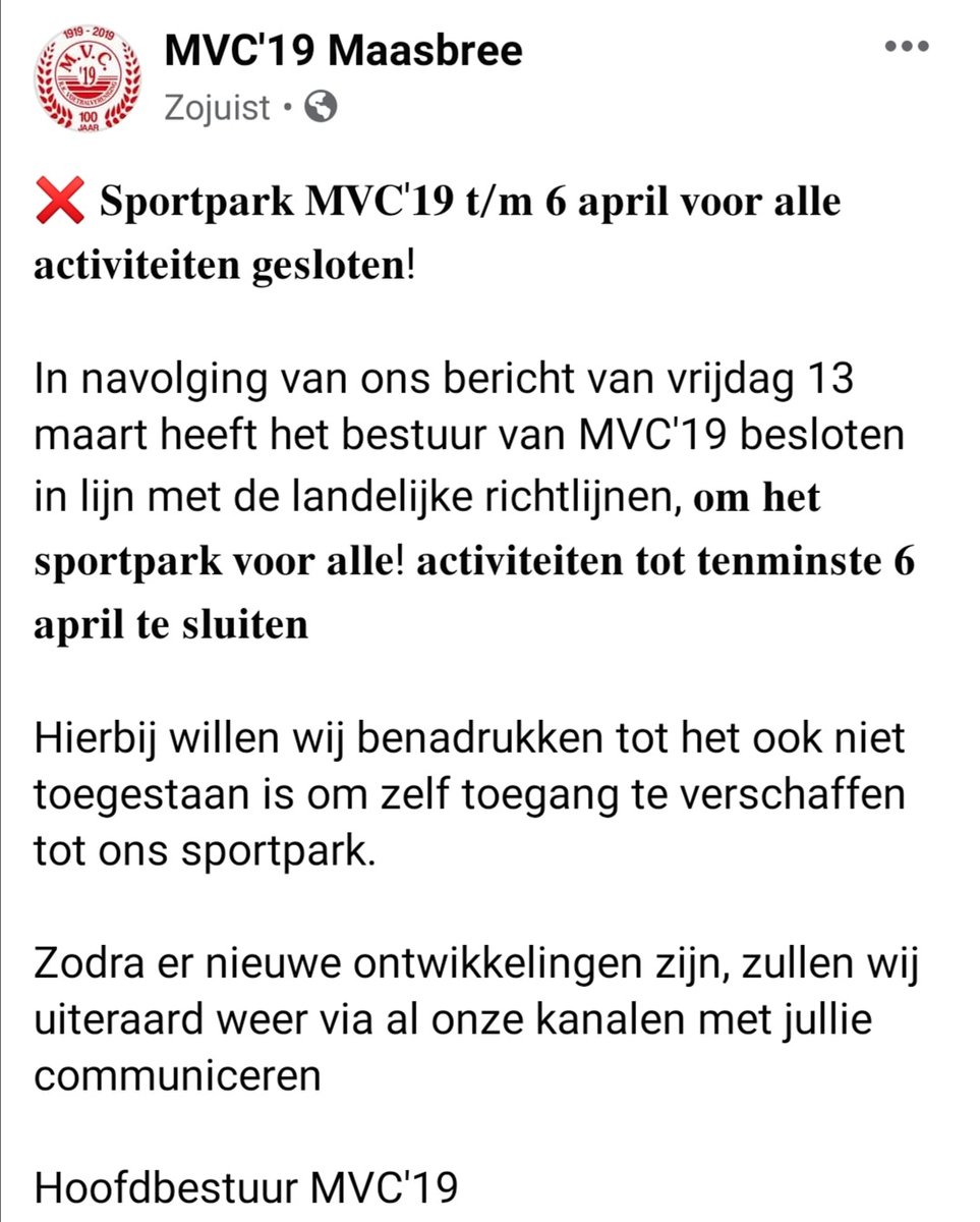 ❌ Tot en met 6 april is ons sportpark voor alle activiteiten gesloten!