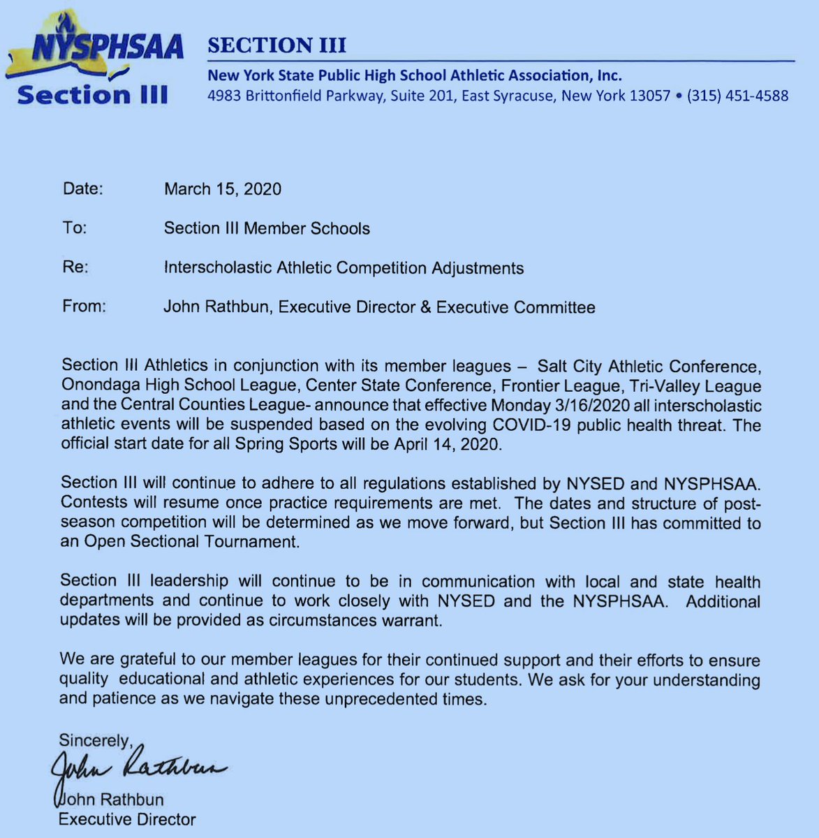 2020 Spring Sport Season in #Section3.  This situation is very fluid and could change as we continue to rely upon information from the Governor's office, local and NYS Dept of Health for information and guidance on COVID-19 and its impact upon interscholastic athletics.