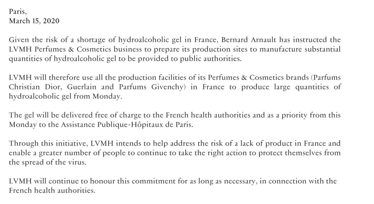 lapresmidi's tweet image. Wow. "Given the risk of a shortage of hydroalcoholic gel in France, Bernard Arnault has instructed the @LVMH Perfumes &amp;amp; Cosmetics business to prepare its production sites to manufacture substantial quantities of hydroalcoholic gel to be provided to public authorities."