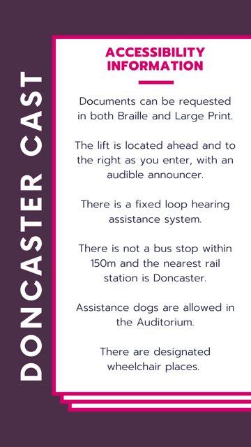 NoHorizonUK's tweet photo. Here’s our access information for any of our shows at @castindoncaster on 2nd-4th April!

#yorkshire #access #accessible #theatre #nohorizon #chuffme https://t.co/F4d9DI8zIu