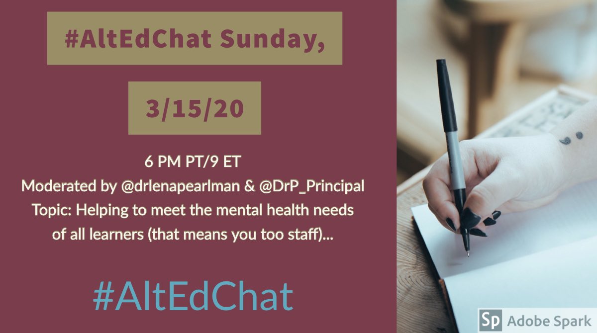 Join #AltEdChat tonight!

3/15/20

6 PM PT/9 ET

Moderated by <a href="/drlenapearlman/">Dr. Lena Pearlman, LCSW</a> &amp; <a href="/DrP_Principal/">Dr. Bryan Pearlman #MaslowBeforeBloom</a> 

Helping to meet the mental health needs of all learners (that means you too staff)...

#AltEd #MaslowBeforeBloom #edugladiators #ButteCOE #KidsDeserveIt #masterychat #CrazyPLN #tlap