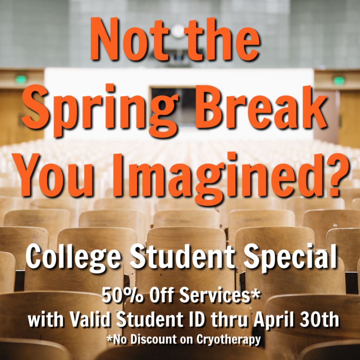 TheResetLounge's tweet photo. Home sooner than you expected? We are offering 50% off all services - other than cryotherapy - to college students with a valid student ID through the end of April. Come and study in our salt cabin or infrared sauna to help your body stay healthy! https://t.co/3zm2Tf2UwA