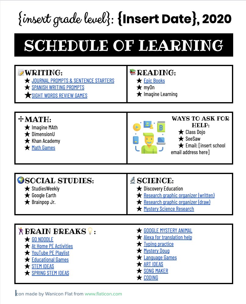 Chelsey_Cody's tweet image. I reformatted for parents to use that don't necessarily want the ⏰ and ➕ a couple more links, wanted to share since you inspired it (I attributed it to you in the footer, let me know if you want me to change it up!) docs.google.com/document/d/1Dl…