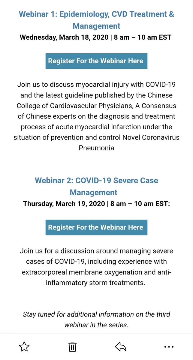 Xiaoyan Huang, MD (@xiaoyanhuangmd) on Twitter photo Three webinars next week to learn from Chinese colleagues on #COVIDー19 management from cardiology standpoint. Please register online. The first flyer is shown in BJ time, in Chinese. 2nd and 3nd are cosponsored w <a href="/ACCinTouch/">American College of Cardiology</a>. Three webinars next week to learn from Chinese colleagues on #COVIDー19 management from cardiology standpoint. Please register online. The first flyer is shown in BJ time, in Chinese. 2nd and 3nd are cosponsored w <a href="/ACCinTouch/">American College of Cardiology</a>.