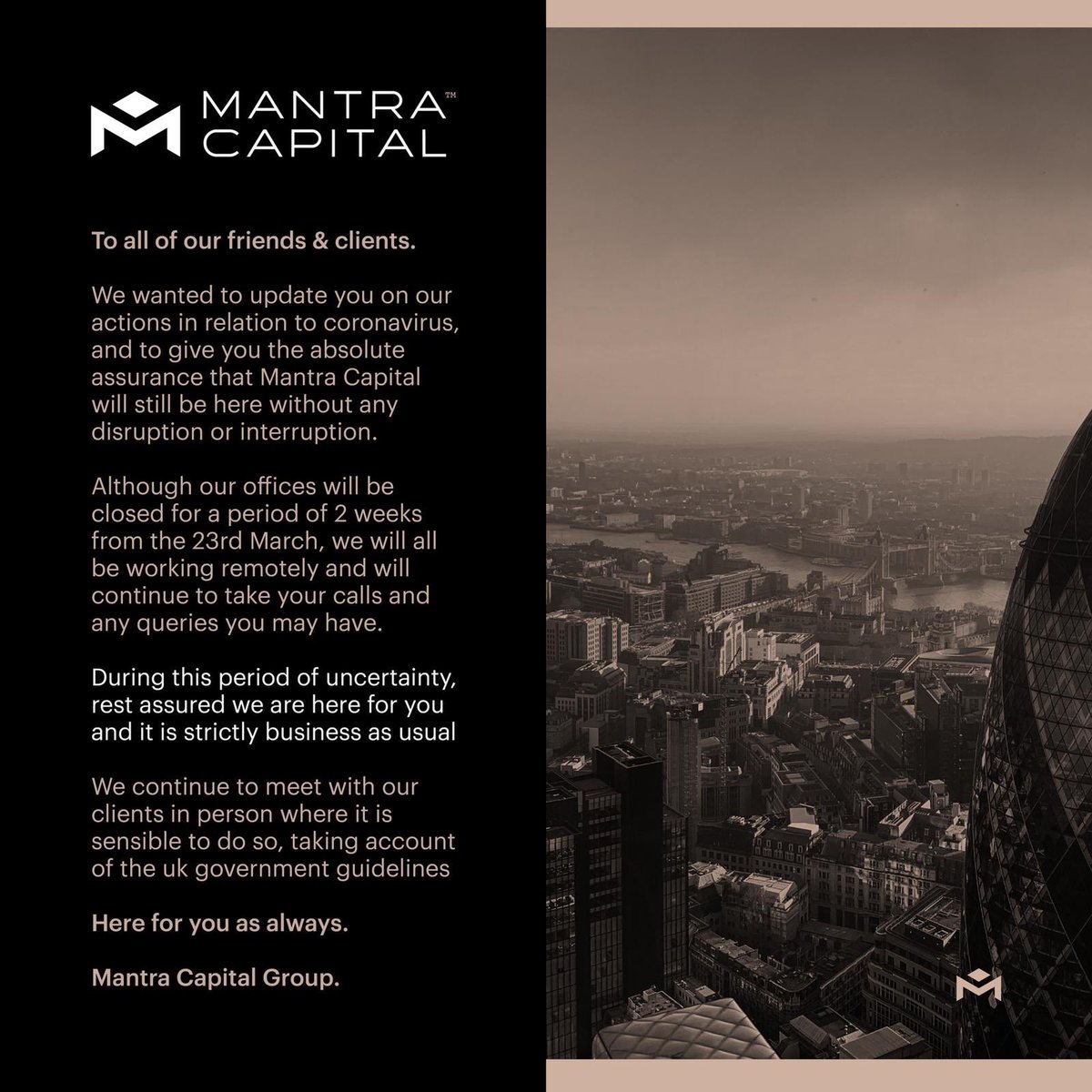 Message from Team <a href="/mantracapital/">Mantra Group</a> Please be safe and look after others more vulnerable and less able. Remember, we’re a United Kingdom.