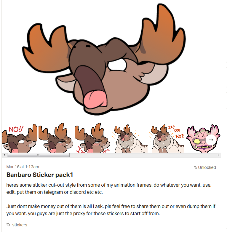 NCHproductions's tweet photo. heres the first set of stickers I've converted from my Banbaro animation
https://t.co/nvYbtWrAks
theres 2 ways to get them
1) give a pledge to get instant access to them
2) ask one of my patrons to give them to you.
https://t.co/lisKdI5Qh4 https://t.co/lytCN74ufg