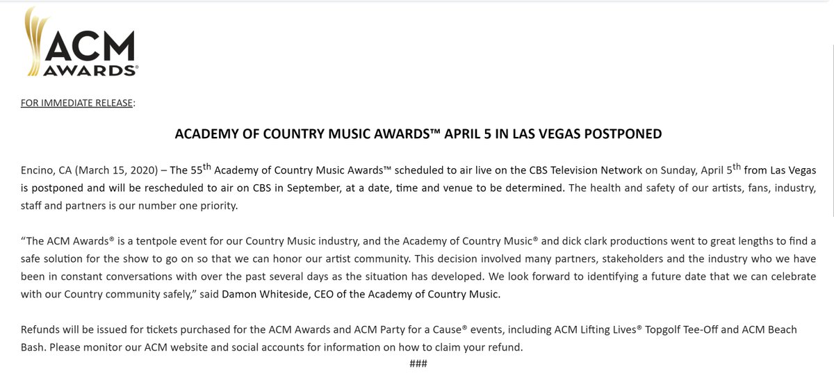 #BreakingNews ACM Awards Postponed due to health and safety concerns for artists, fans, industry, staff, and partners.
😭😭😭😭  
#COVID19 #Coronovirus #CountryMusic #CMchat